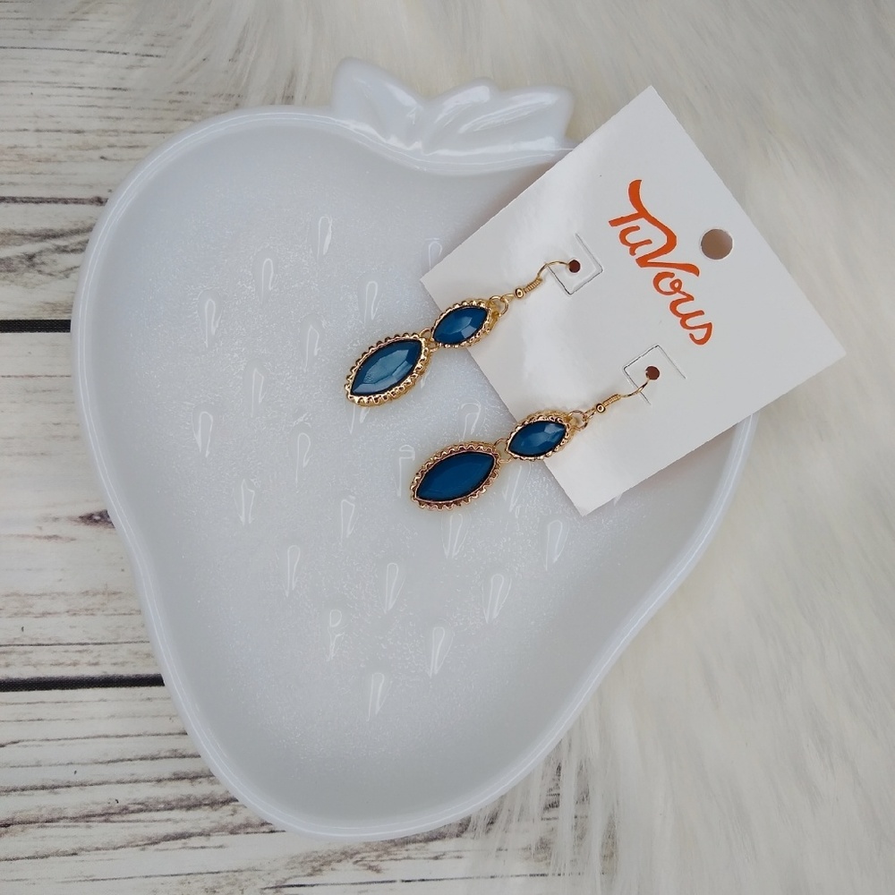 TEAL BLUE STONE JEWELS GOLD TONE DANGLING EARRINGS